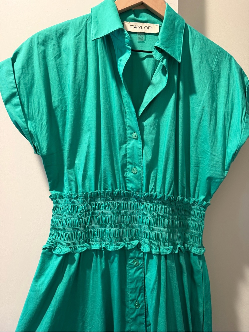 Taylor Teal Button-Front Shirtdress with Shirred Waist